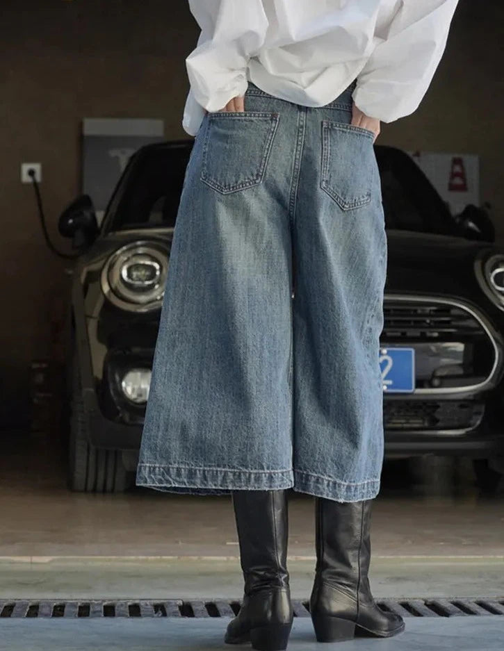Moda A-line pierna ancha pantalones vaqueros recortados mujeres sueltas Casual Denim Capris mujer azul