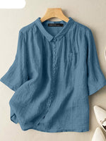 3/4 Sleeve O-Neck Solid Color Blouse Summer Elegant Shirt Front Pockets Stylish Casual KilyClothing