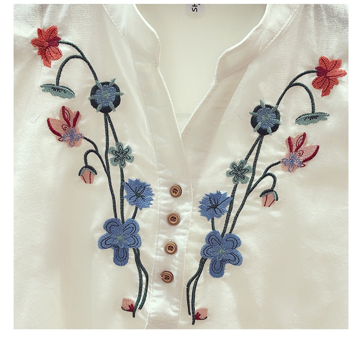 Cotton White Blouse Elegant Embroidery V-Neck Shirts KilyClothing