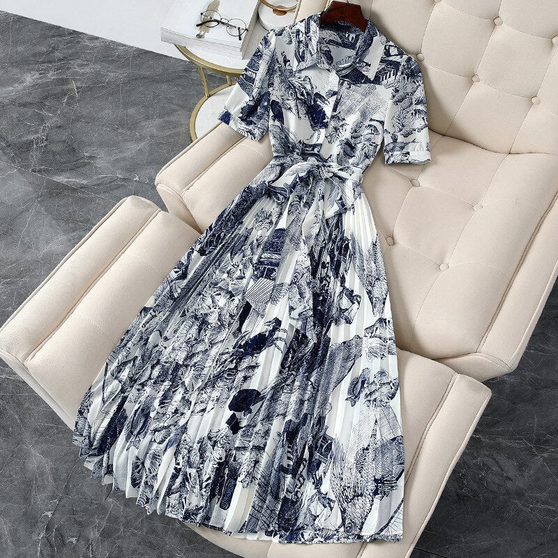 Long Dress Women's Spring Summer Blue White Porcelain Dress Printing Slim Dress Short Sleeves Dress KilyClothing