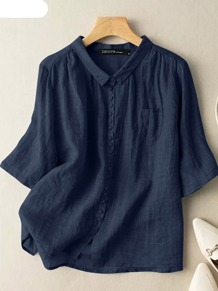 3/4 Sleeve O-Neck Solid Color Blouse Summer Elegant Shirt Front Pockets Stylish Casual KilyClothing