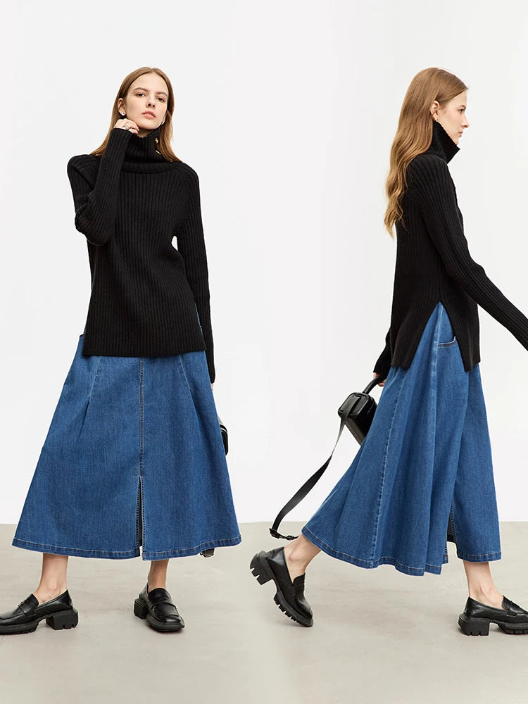 AMMinimalist Denim Blue Skirt for Women New Lazy Simple Office Lady A-line Loose Slit Umbrella Skirts