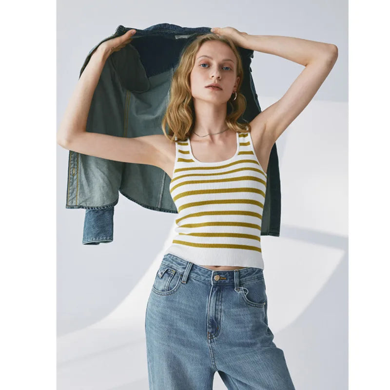Spring Summer Contrast Stripe Wool Tank Tops Women U Neck Slim Sleeveless Knitted Tops KilyClothing