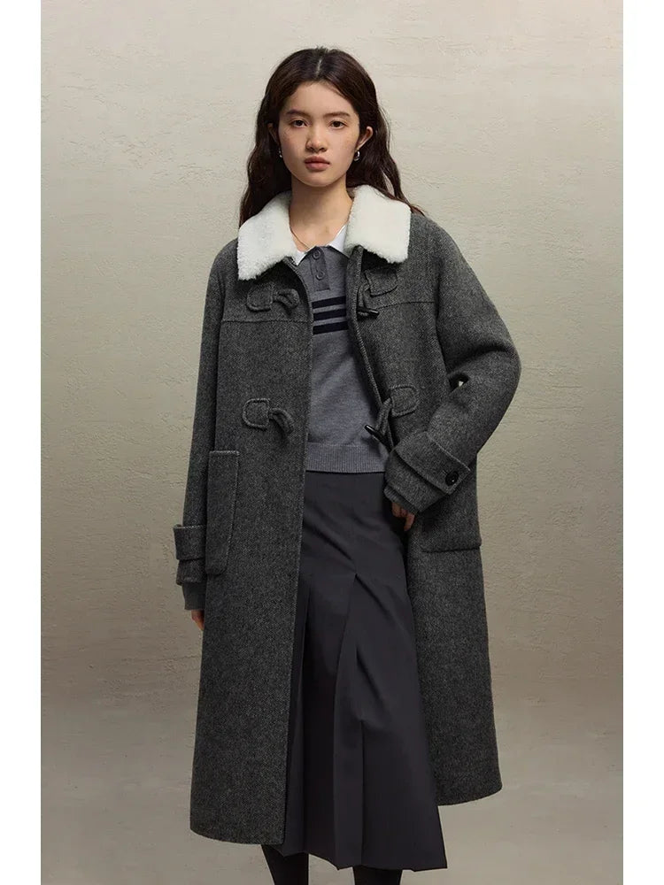 Preppy Style Horn Button Wool Coat for Women