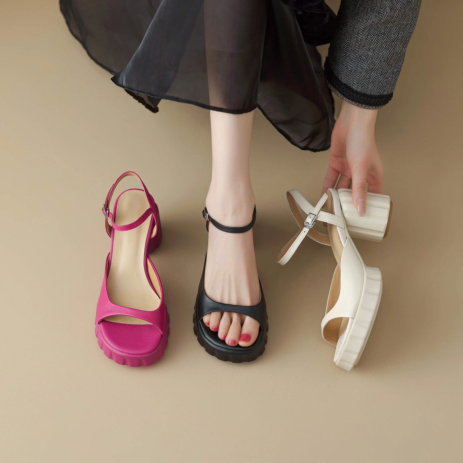 Cow Leather High Heels Peep Toe Buckle Straps Summer Shoes Luxury Elegant  Modern Women Sandals