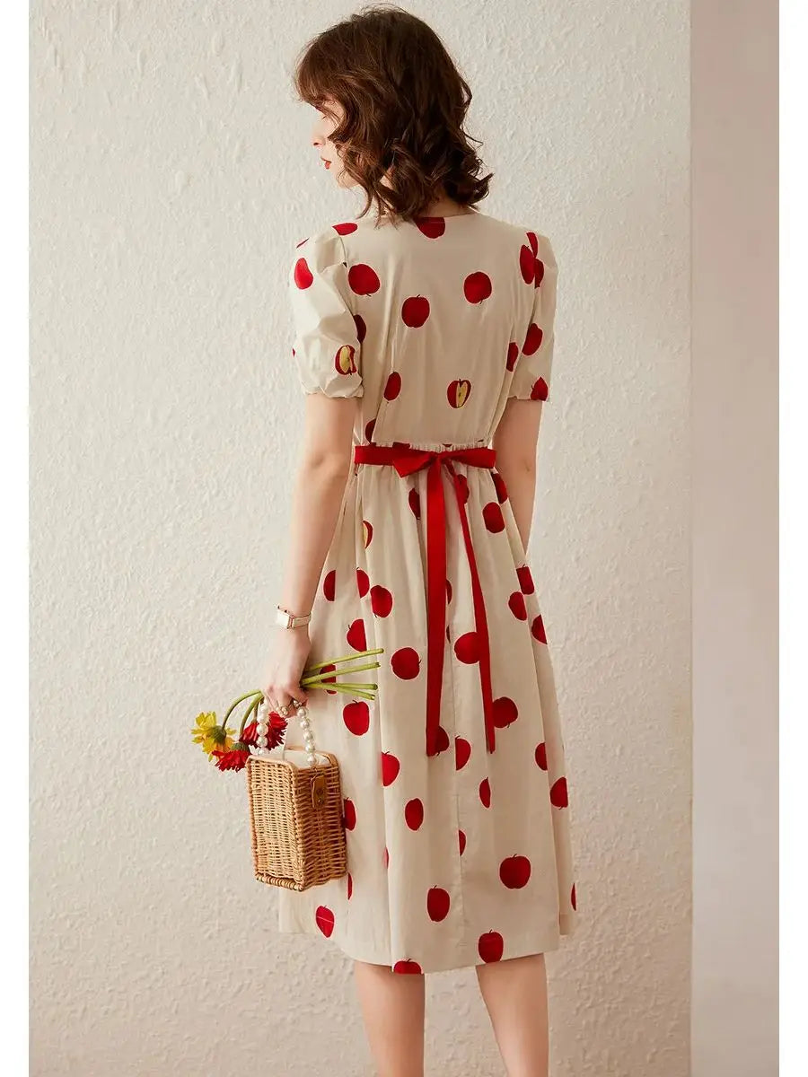 Elegant Print Apple Round Neck Short Sleeve High Waist Puff Sleeve A-line Long Dress