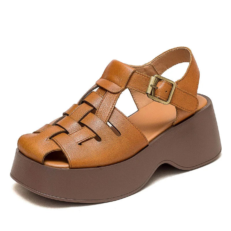 Platform Sandals for woman, Handmade Genuine Leather Ankle Strap Wedges Sandals Women Summer Height Increasing Shoes KilyClothing