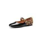 Low-heel Leather Round Toe Splicing Leopard Print One-line Buckle Women Shoes KilyClothing