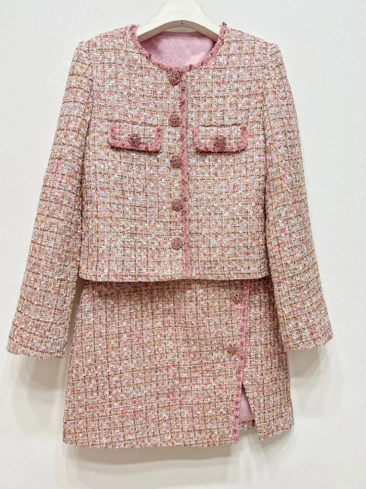 Minivestido casual de mujer con cuello en U de lana rosa y dobladillo tejido a cuadros con abertura y botones
