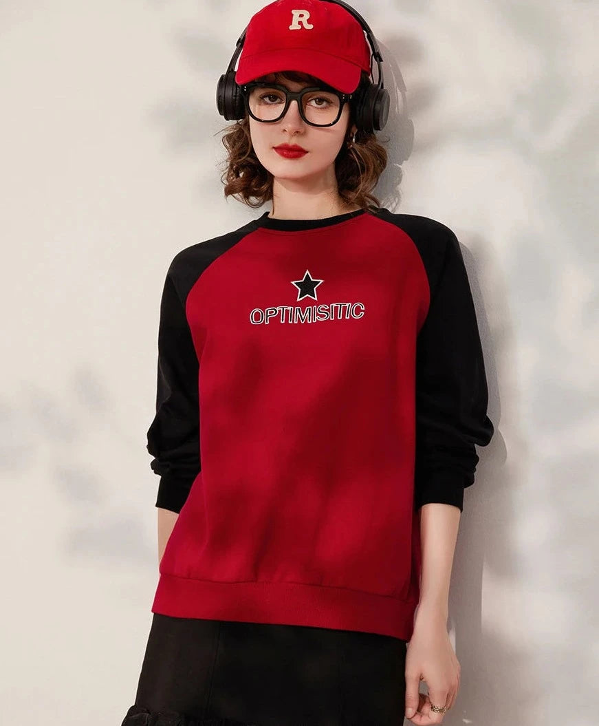 Sudadera de mujer con cuello redondo, manga larga, color en contraste, letra bordada, ajuste holgado