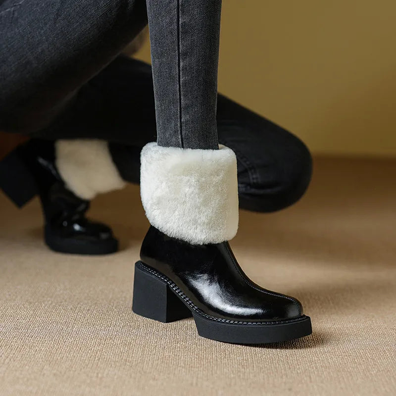 Genuine Leather Women Ankle Boots Wool Snow Boots Thick Heels Platforms Shoes Woman Winter Warm Outdoor Casual Working