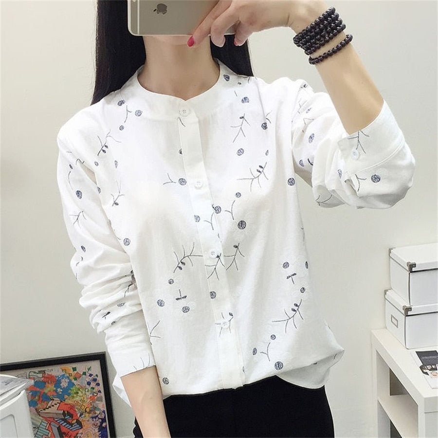 Embroidery Cotton and Linen Blouses Shirts  Casual Stand Collor Long Sleeve KilyClothing