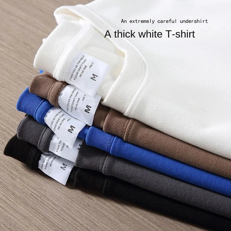 500g High Qualtity Heavy T-shirt for Men Short Sleeve Tee Cotton Solid Thickened Round Neck Short Sleeves White Black