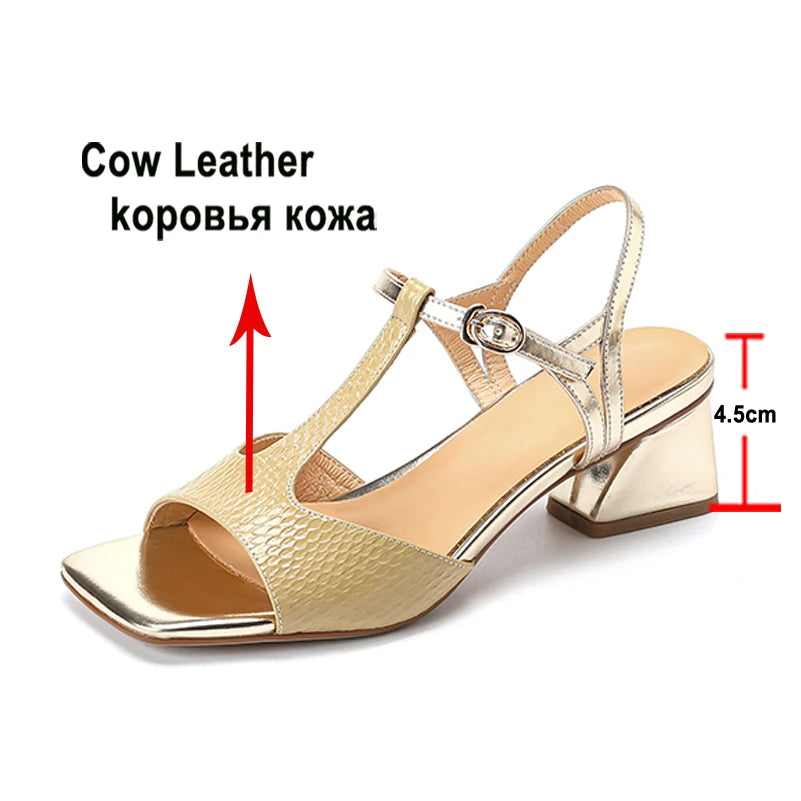 Meotina Women Genuine Leather T-Tied Sandals Square Toe Chunky Mid Heel Buckle Ladies Fashion Shoes Summer Yellow Green Beige 40