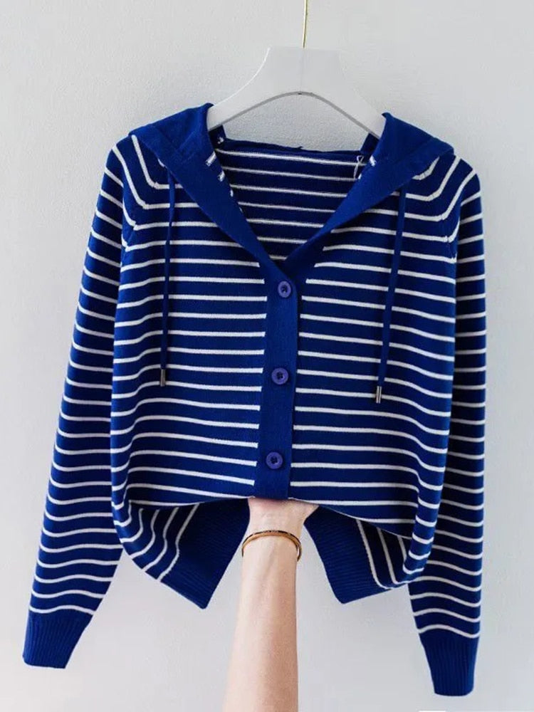 Stripe Hooded Thin Oversize 4xl Knitted Cardigan Tops KilyClothing