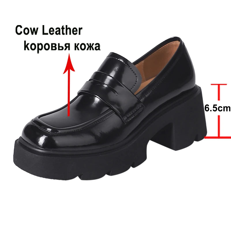 Meotina Women Genuine Leather Loafers Pumps Round Toe Thick High Heels Platform Ladies Fashion Shoes Spring Autumn Black Apricot