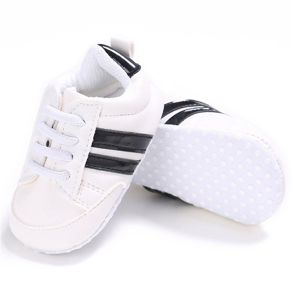 Newborn Boys Sneaker Girls Two Striped First Walkers Lace Up PU Leather Soft Soles Sneakers 0-18 Months KilyClothing