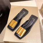 Slippers Fashion Metal Buckle Mules Flat Heels Square Toe Shallow Shoes Outdoor Slide Female Casual Sandal KilyClothing