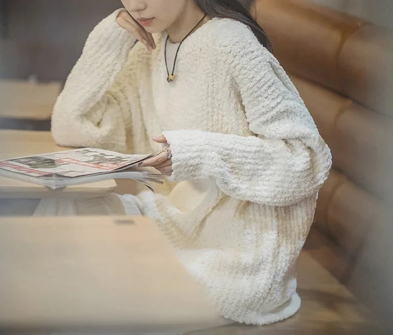Suéter de punto de felpa de partículas vintage para mujer, suéter de punto suelto, suave y glutinoso