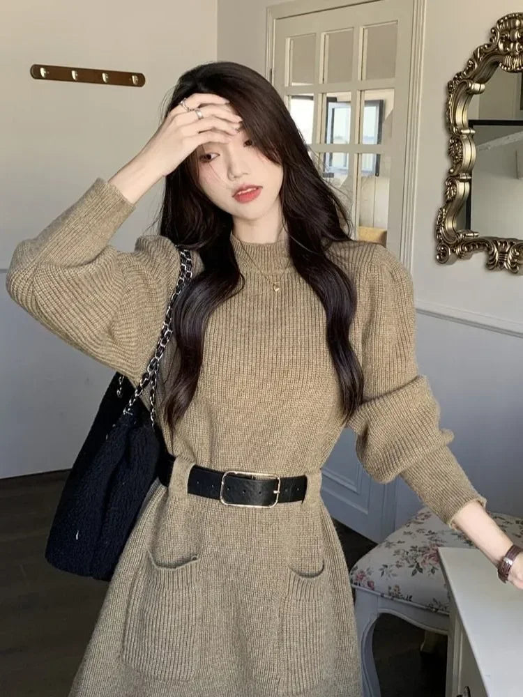 Knitted Sweater Dress Women Vintage Knit Long Sleeve Mini Short Dresses with Belt KilyClothing