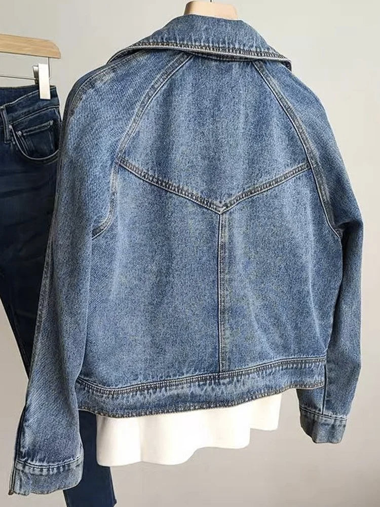 Motorcycle Zipper Long Sleeved Denim Jacket for Women Denim Jacket Outerwear