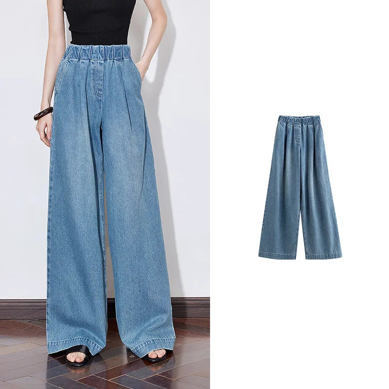 Denim Jeans Elastic Waist Washed Wide Leg 