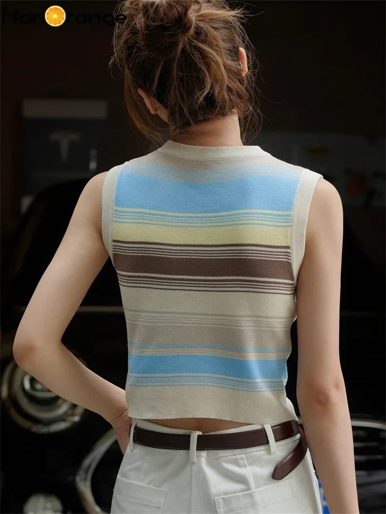 Camiseta sin mangas con espalda cruzada a rayas de primavera para mujer, Top corto plegable cómodo y ajustado
