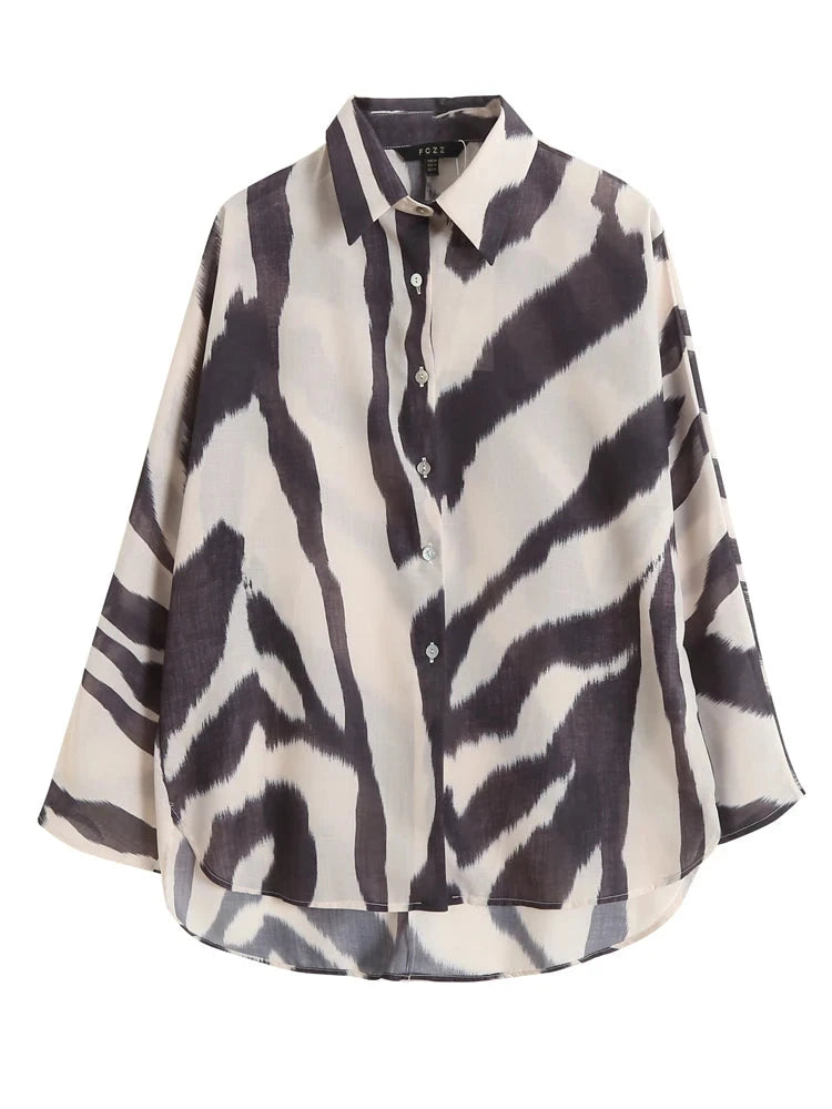 Long Sleeve Zebra Printed Shirt Woman Loose Blouses Casual Lightweight Top