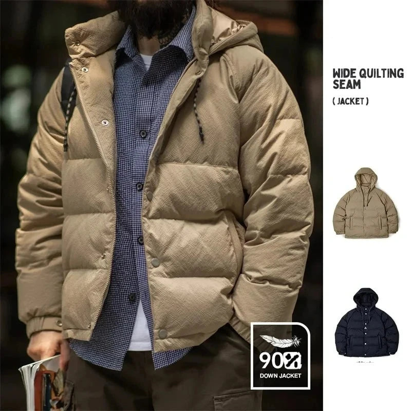 90% White Duck Down Coats for Men, Wide Quilted Seam Hooded Down, Warm Lightweight Padded Jacket
