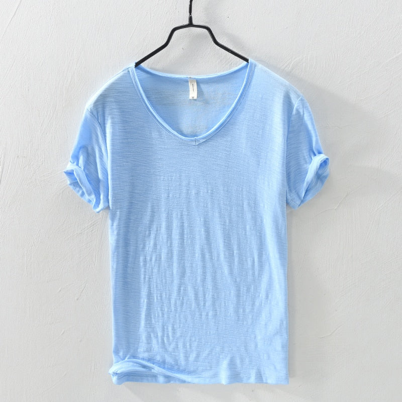 100% Cotton T-shirt Men V-neck Solid Color Casual KilyClothing