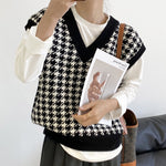 Elegant Houndstooth Loose Knitted Vest Sweater Autumn V-Neck Sleeveless KilyClothing