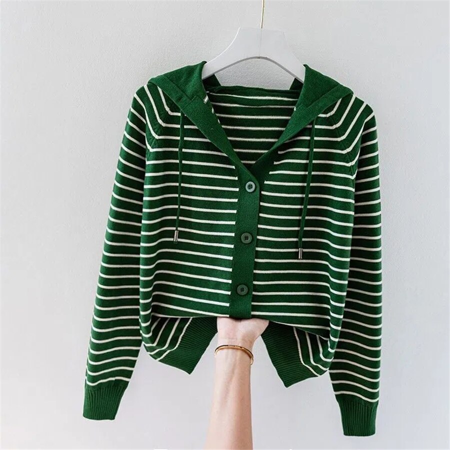 Stripe Hooded Thin Oversize 4xl Knitted Cardigan Tops KilyClothing