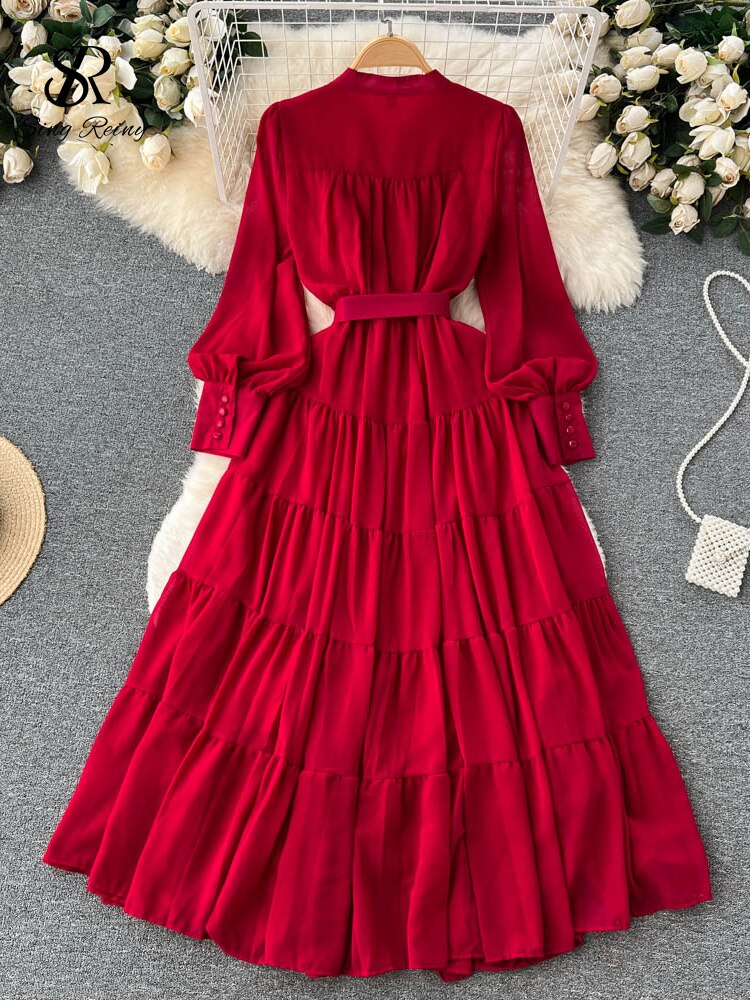 SINGREINY Autumn Retro Beach Pleated Dress Women Lantern Sleeve French Single Breasted 2022 Fashion Chiffon A Line Long Dress KilyClothing