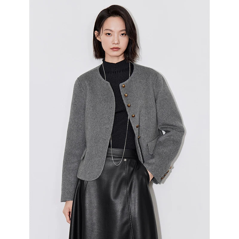 Women Woolen Coat Sheep Long Sleeve Round Neck Single Breasted Button Wool Jacket