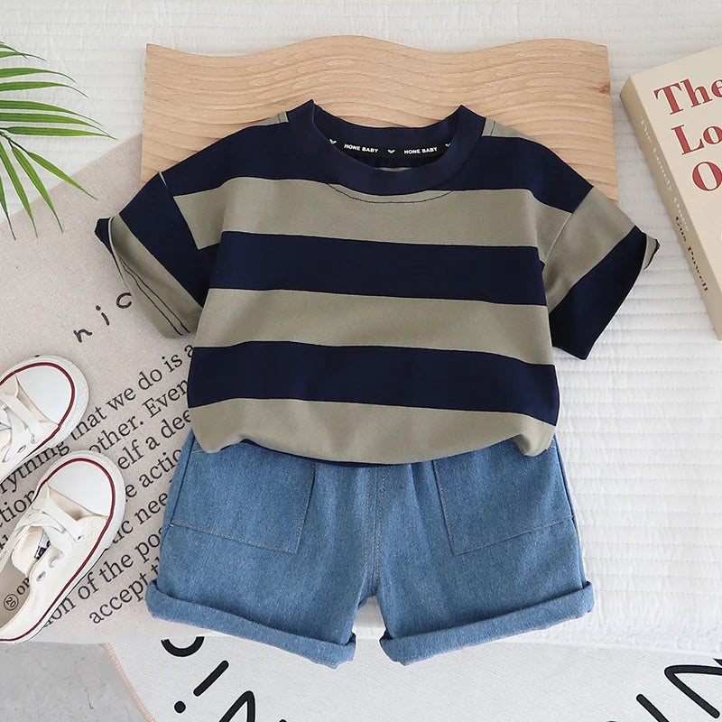 0-5 year old baby boy clothes set for summer, solid color, striped, casual children's short sleeves + fashionable handsome shorts KilyClothing