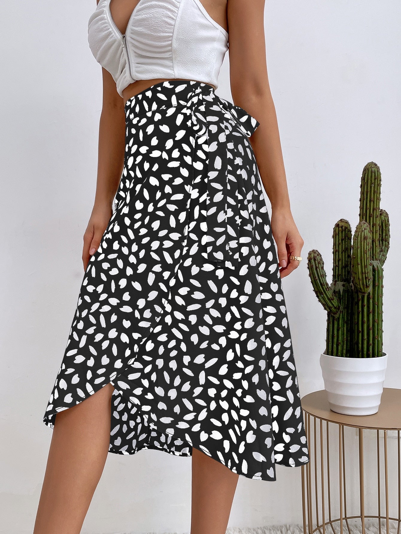 Casual Print Tie Side Wrap Skirt Elegant High Waist Female Summer Asymmetrical Knee Length A-Line Skirts KilyClothing