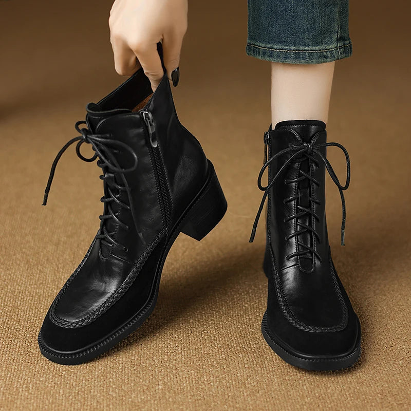 Winter Retro Women Boots Lace Up Chelsea Boots Round Toe Women Shoes Short Pumps Genuine Leather Ankle Boots Western Shoes