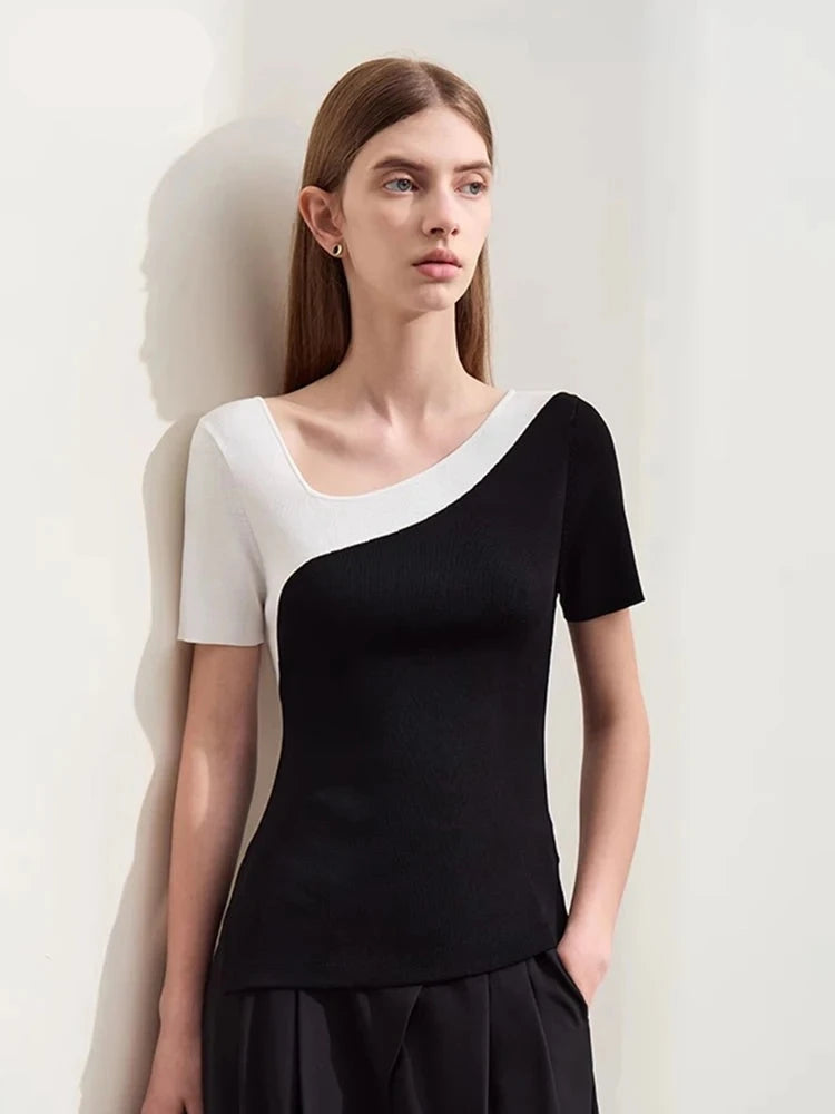 Suéter de punto de lana minimalista para mujer, manga corta asimétrica con cuello en V y patchwork