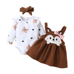 Cute Squirrel Print Long Sleeves Romper and Suspender Skirt Headband Fall Outfits KilyClothing