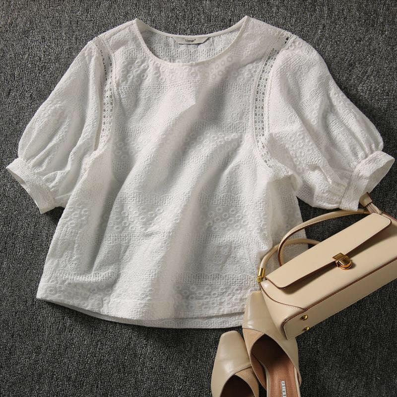 Embroidery Cotton Lace O-neck Casual Blouses= Korean  Sleeve Loose KilyClothing