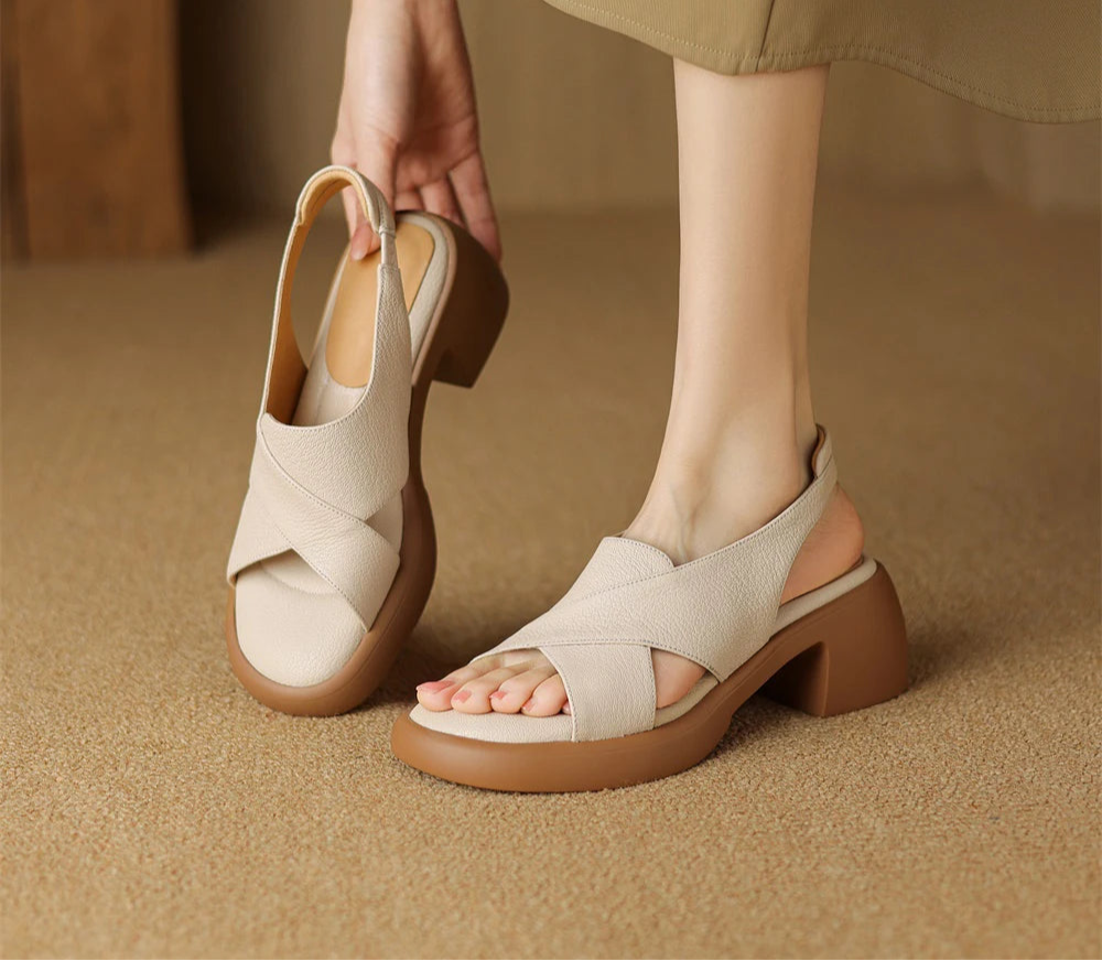 Genuine Leather Women Sandals Cross-Tied Thick Heel