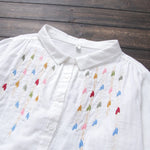 Cotton Yarn White Shirts Girls Cute Embroidery Tops Pointed Collar Button 3/4 Sleeve Loose Blouse KilyClothing