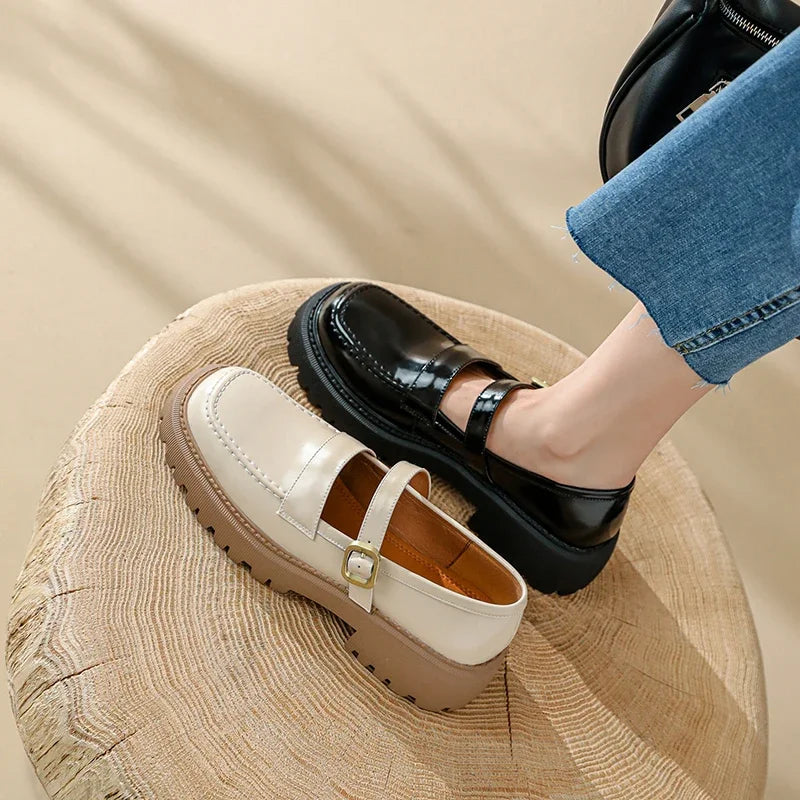 Spring Genuine Leather Women Shoes Casual Round Toe Flats Platform Buckle Strap Woman Shoes Loafers Oxford Casual Shoes KilyClothing