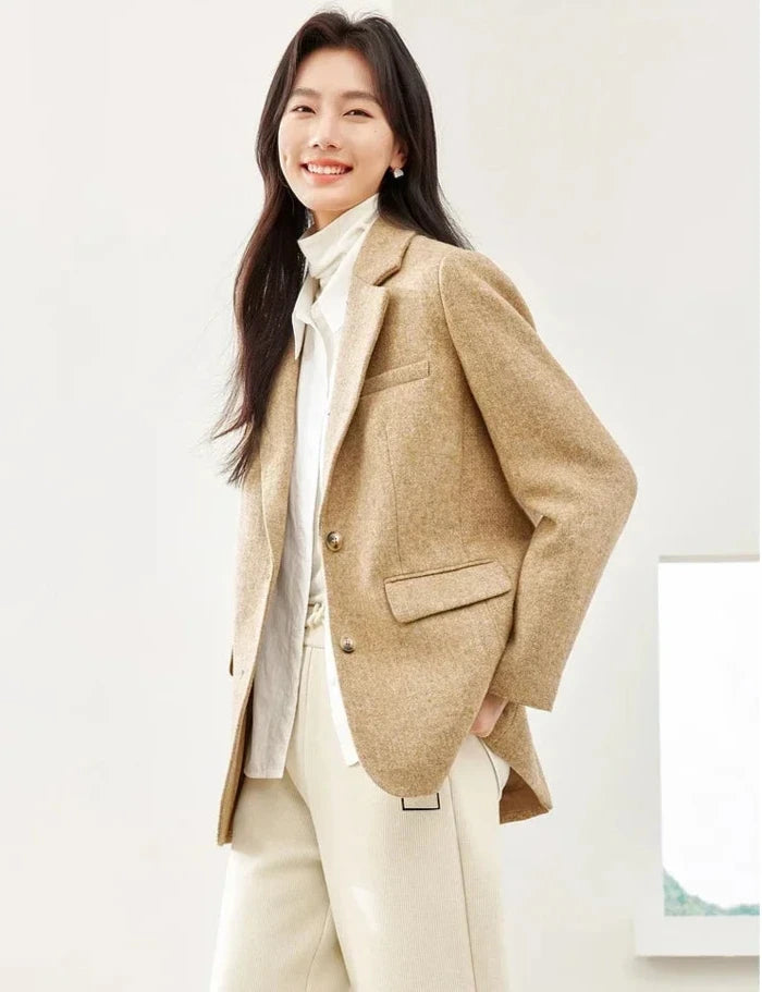 Women's Wool Blend Quilted Tailoring Blazer, Notched Collar Coat Office Lady Straight Elegant Jacket