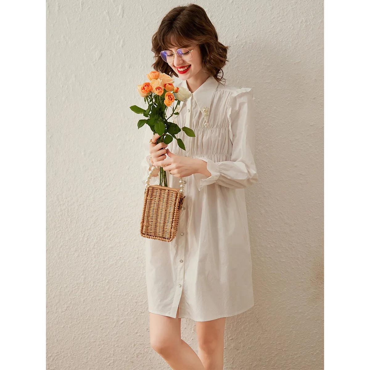 Elegant Beaded Pointed Collar Shirt Dress 100% Cotton Puff Sleeve A-LINE Sweet