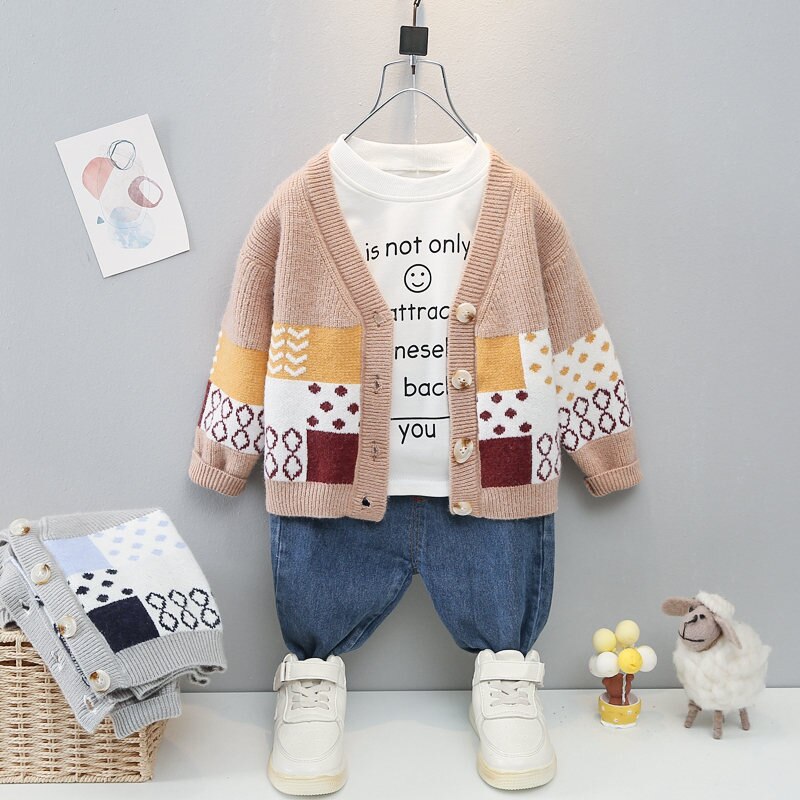 Boys Girls Kids Patchwork Coat Smile T-shirt Pants Jeans 3Pcs/Sets KilyClothing