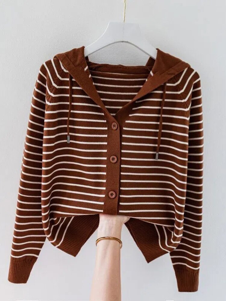 Stripe Hooded Thin Oversize 4xl Knitted Cardigan Tops KilyClothing
