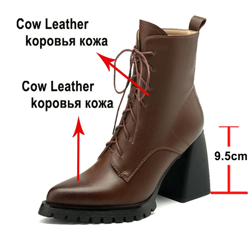 Meotina Women Genuine Leather Ankle Boots Pointed Toe Thick High Heels Zipper Lace-up Wool Short Boots Lady Fashion Shoes Winter