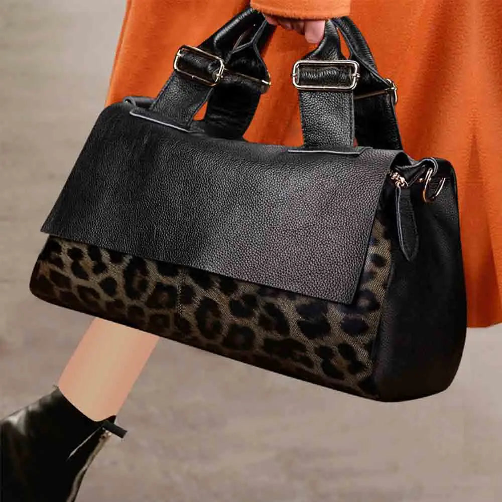 Cow Leather Leopard Print Bag for Women, Handbag Luxury Designer Natural Leather Tote Shoulder Lady Purses KilyClothing
