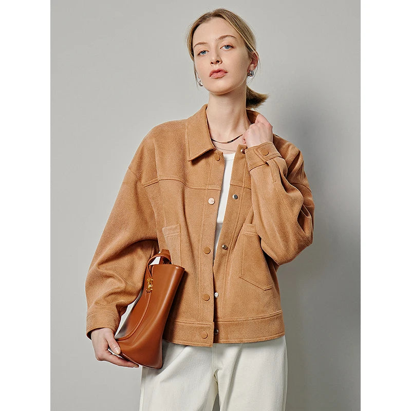 TOYOUTH Women Suede Jacket 2024 Spring New Snap Button Closed Turn Down Collar High Street Casual Short Jacket KilyClothing